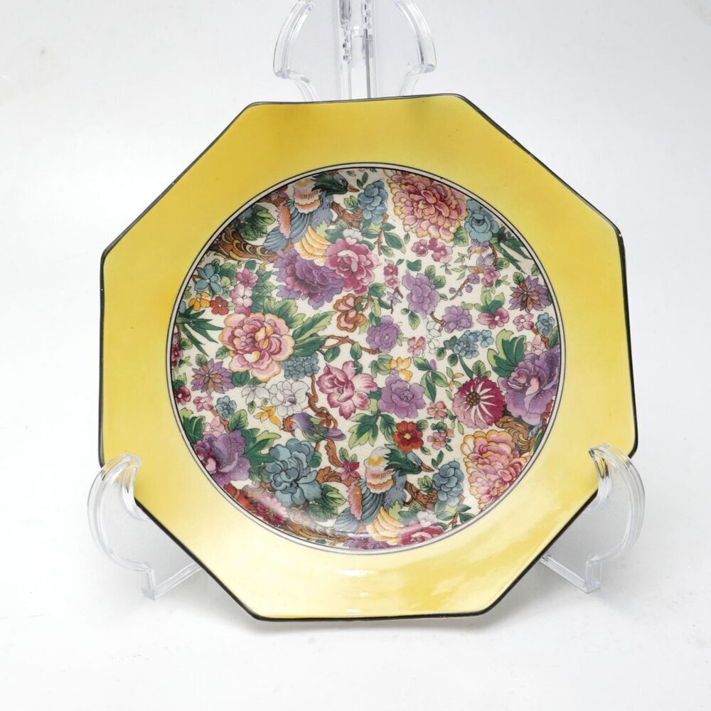 Vintage Crown Ducal England 'PURPLE CHINTZ'  8" Dessert Plate Yellow Octagonal